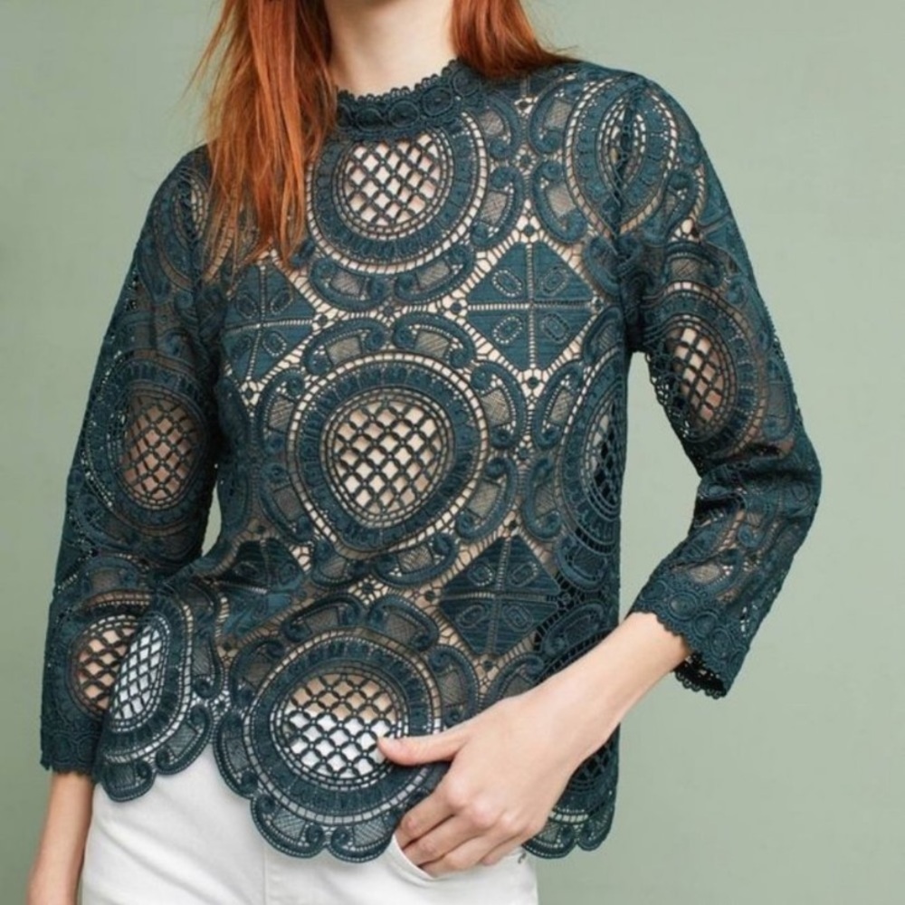 Anthropologie James Coviello Green Lace Blouse S